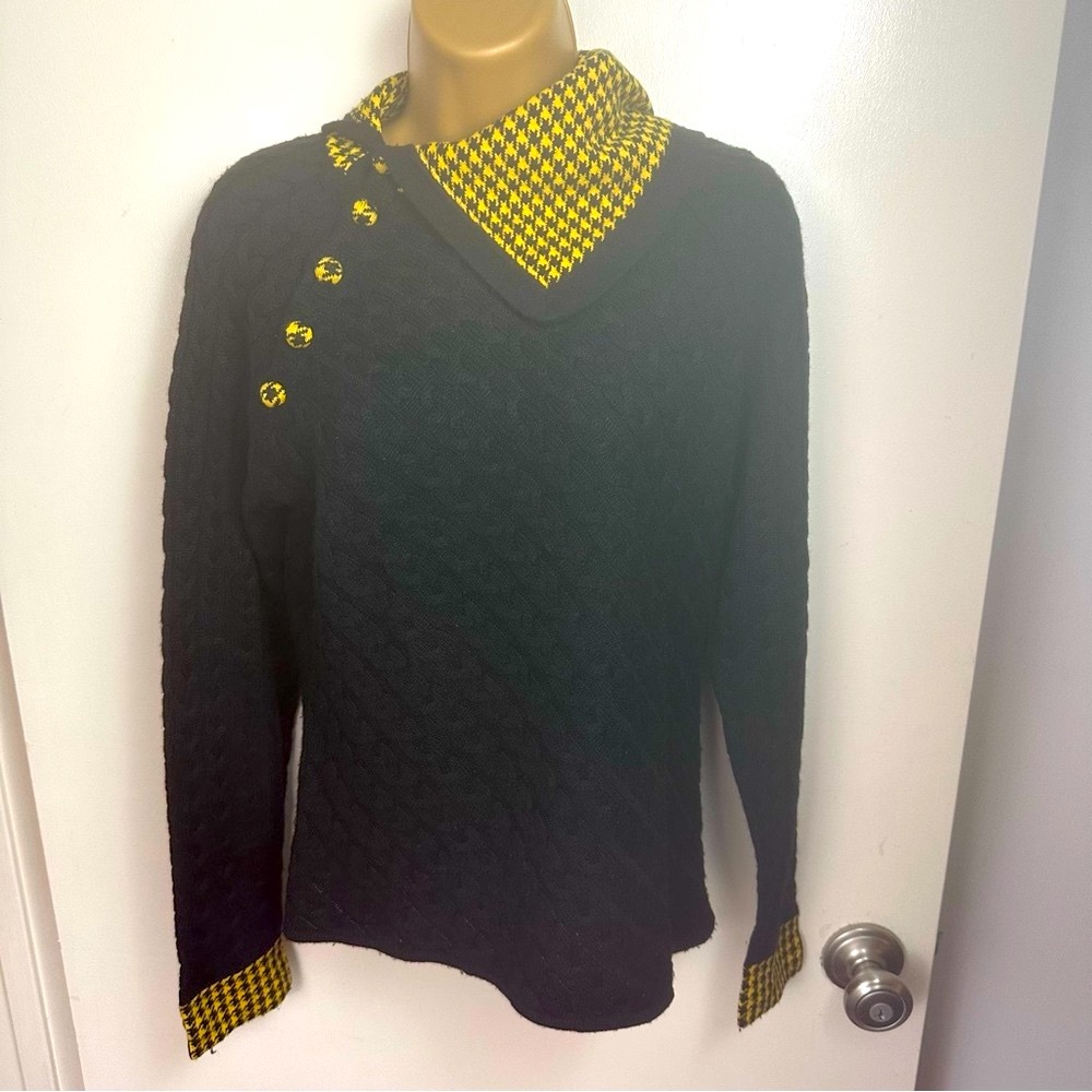 Carlisle Cable Knit Yellow/Black Houndstooth‎ Vintage Silk & Cashmere Sweater M